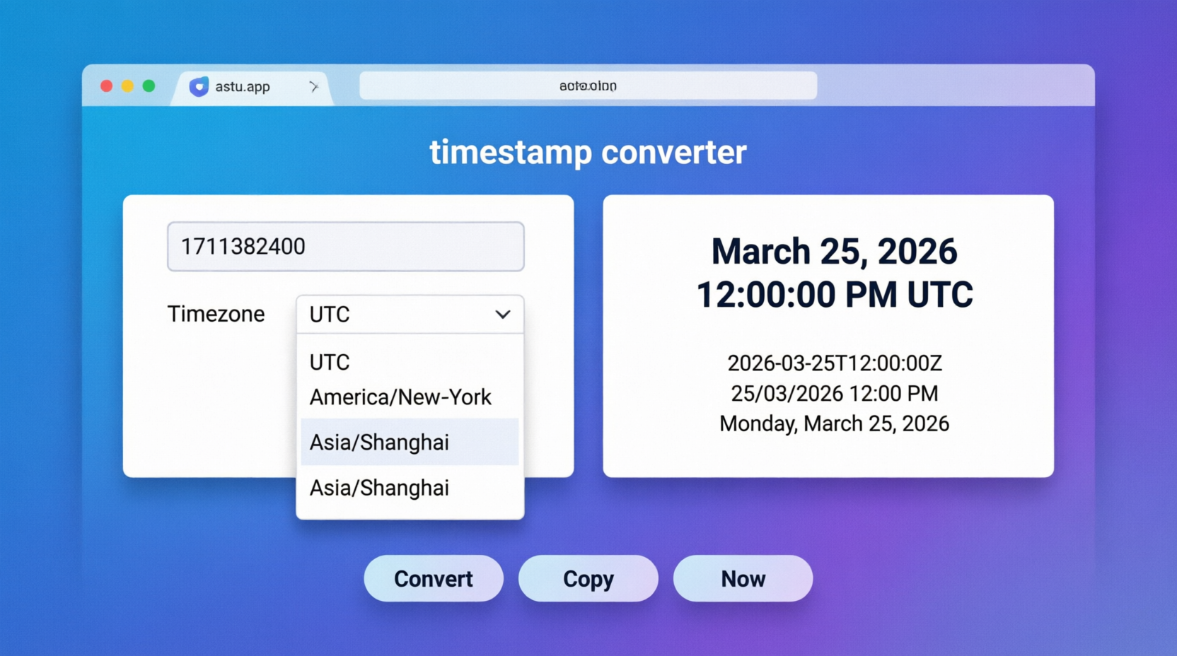 Timestamp Converter - UNIX to UTC, Local, ISO, Relative | astu.app